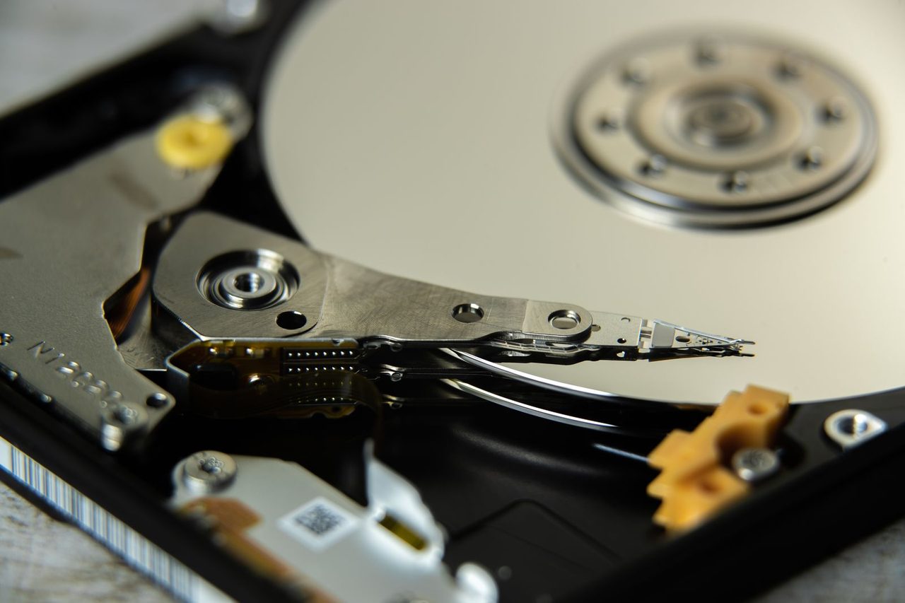 Open hard drive in detail, platters visible