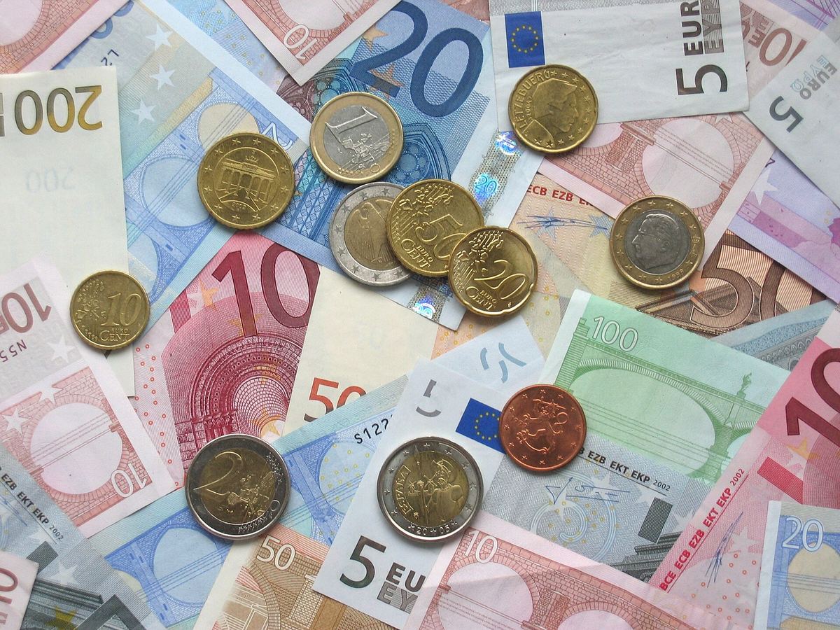 Euro banknotes and coins laid flat side by side