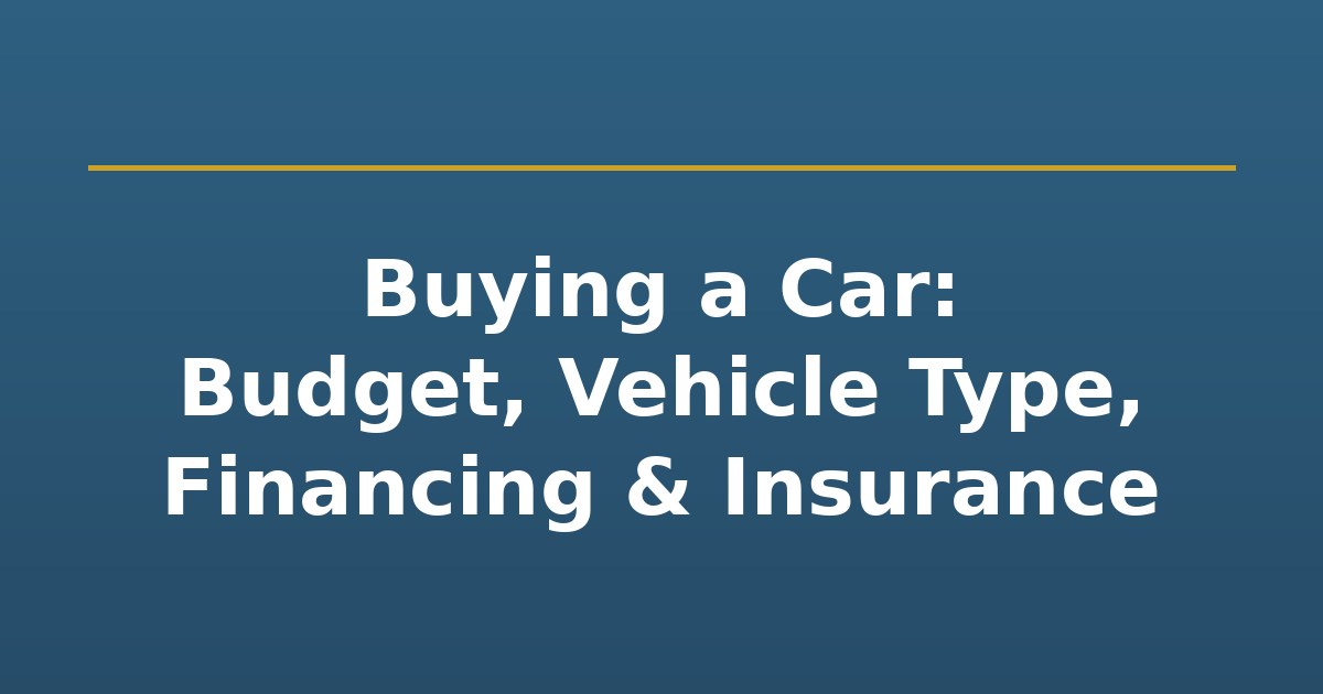 Title graphic: Buying a car, budget, vehicle type, finance, tax and insurance