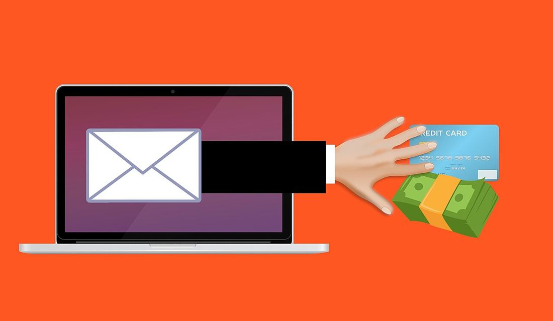 Illustration: a hand reaching out of a laptop screen for a credit card and cash