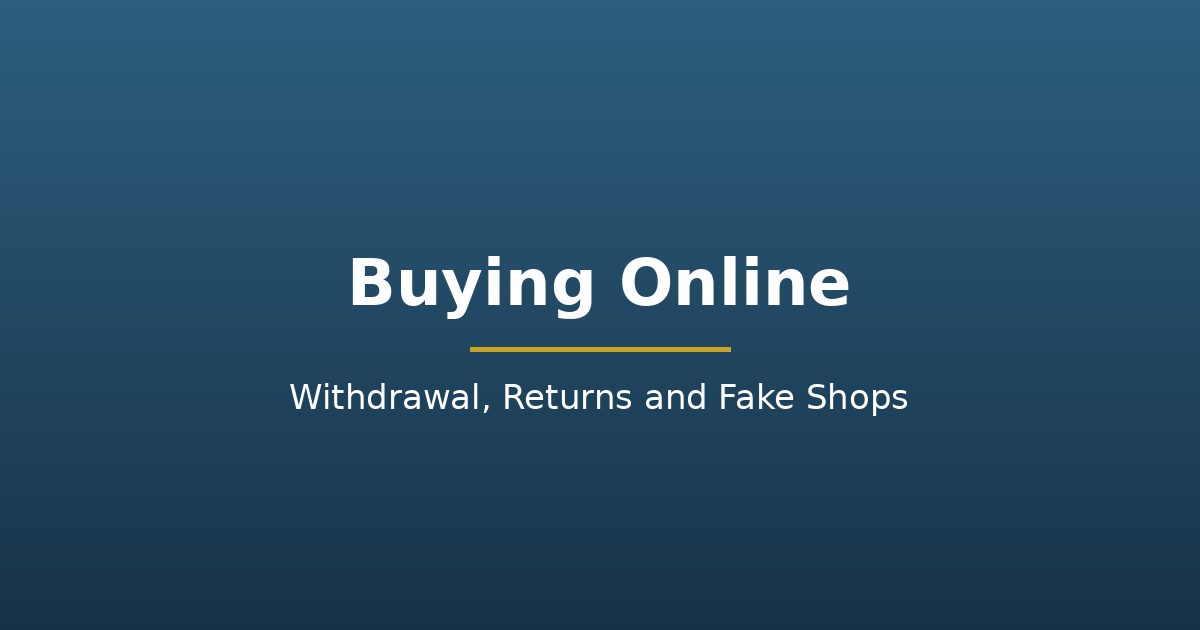 Buying-online guide graphic covering withdrawal periods, returns and fake shops