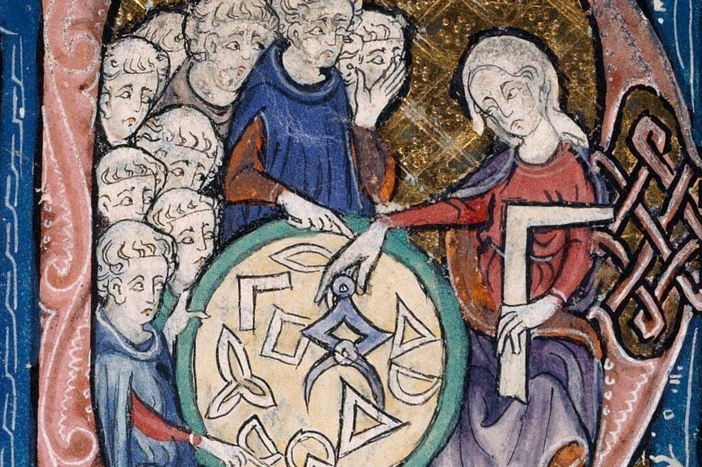 Mittelalterliche Miniatur: Eine Lehrerin erklärt am runden Tisch mit Zirkel und Winkelhaken Geometrie