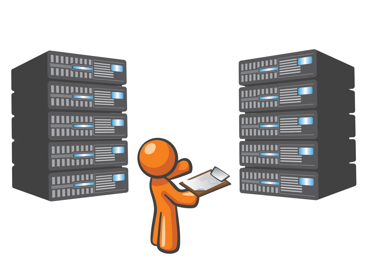Illustration einer Figur mit Klemmbrett zwischen Serverschränken: Symbolbild für den technischen Check vor dem Start