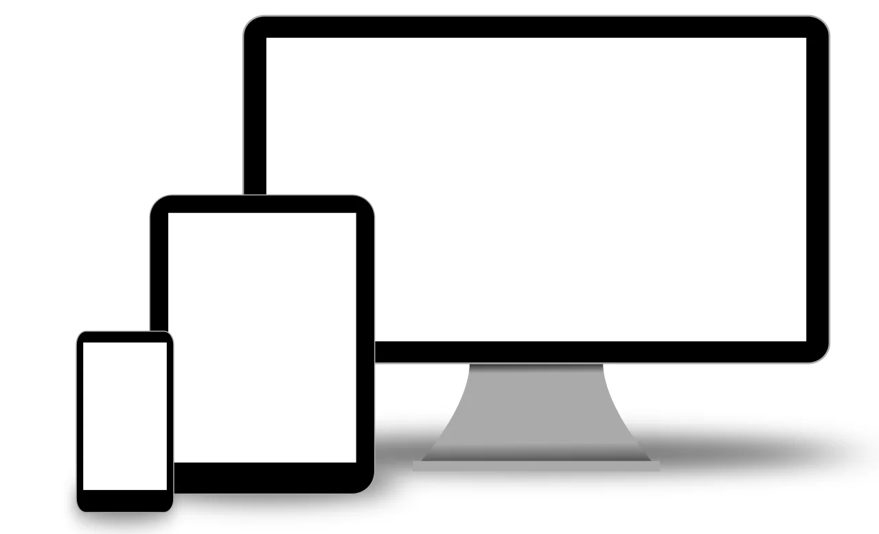 Illustration eines Desktop-Monitors, Tablets und Smartphones mit leeren Bildschirmen